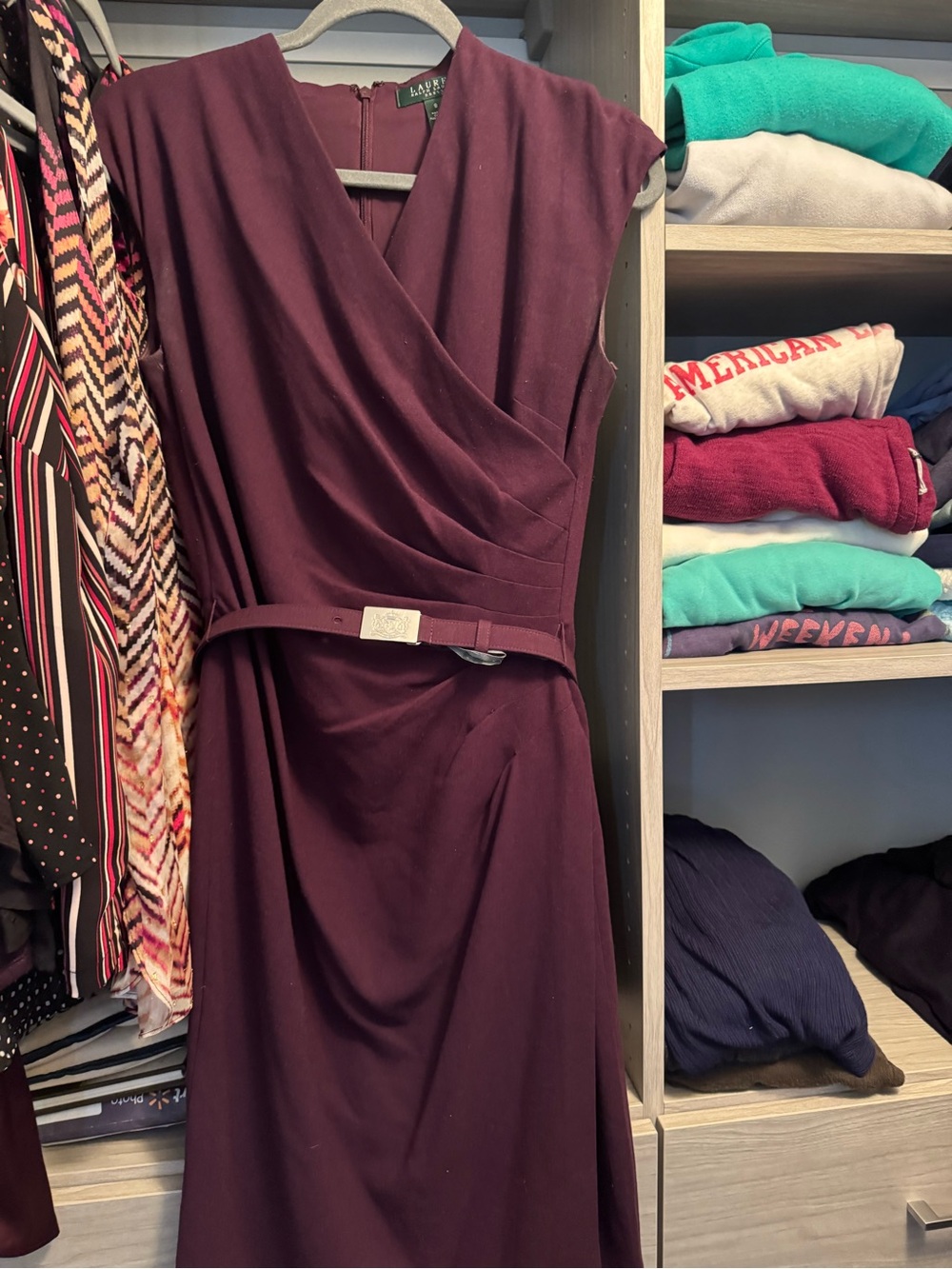 Ralph Lauren Deep Plum Wrap-Front Midi Dress with Belt